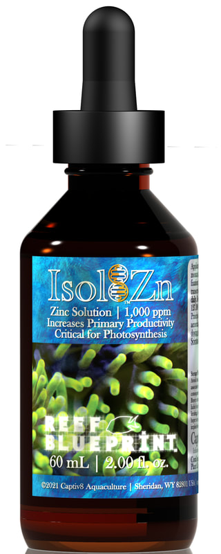 Increases zinc in recirculating seawater systems. Increases primary productivity. Required by photoautotrophs (including zooxanthellae) for photosynthesis, pigment production, DNA transcription, CO2 fixation, phosphorus acquisition. 1 drop (0.05 mL) per 33.7g (127.4 L), or 1 mL per 673.1g (2,547.8 L), once daily to maintain NSW value for S=35. 1,000 ppm zinc, derived from zinc chloride (hydrated source, USP).