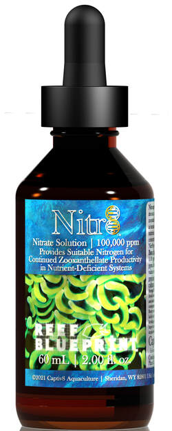 Increases nitrogen, a critical nutrient for survival of photoautotrophs (incl. zooxanthellae), which often becomes biolimiting (slowing or halting primary productivity and cohort growth) in recirculating systems densely-populated with zooxanthellate cnidarians and bivalves, and/or which employ turf scrubber filtration. N deficiency is associated with bleaching. 1 mL per 26.4g (100 L) increases nitrate by 1.0 ppm. 100,000 ppm nitrate, derived from potassium nitrate (anhydrous source, USP).